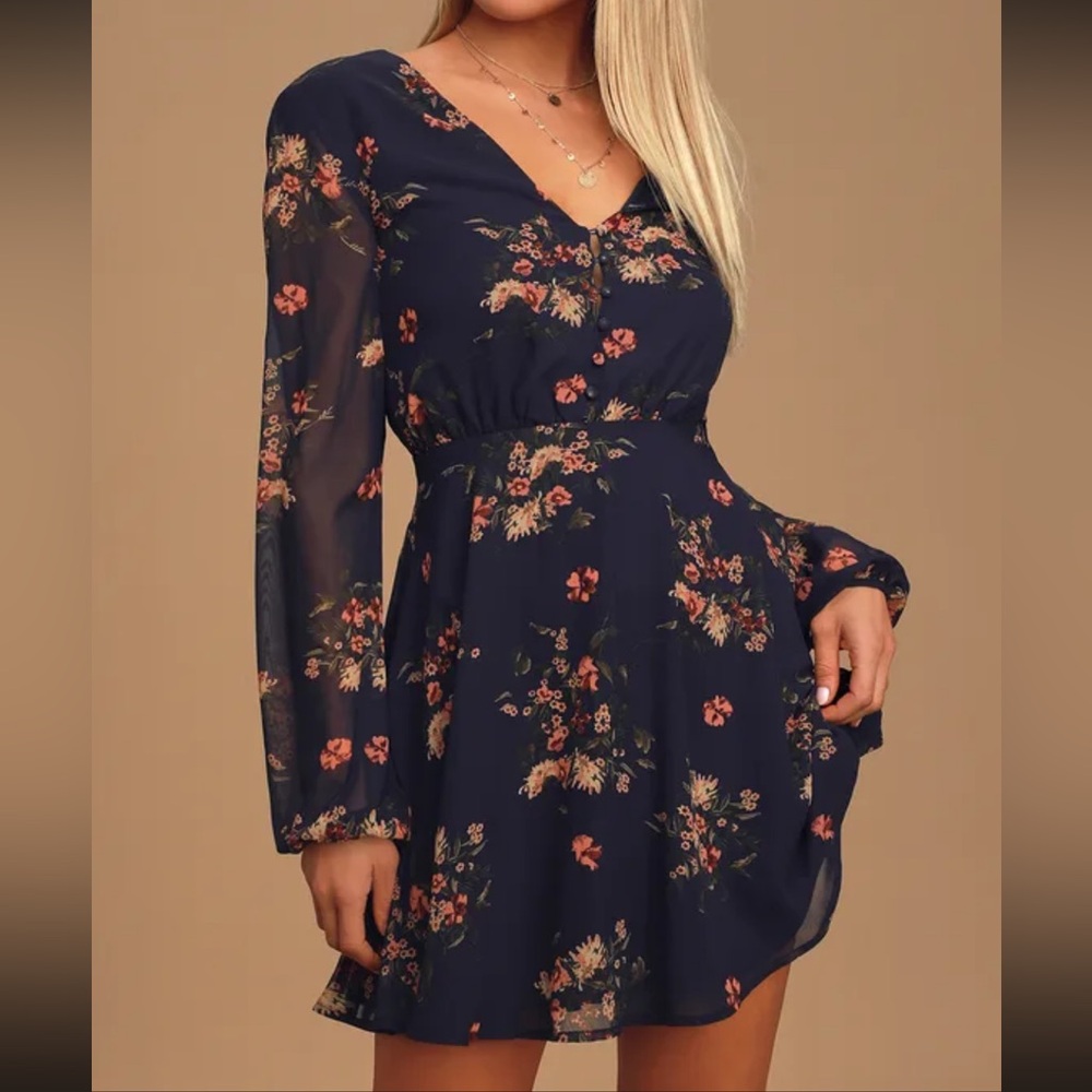 Navy floral long sleeve mini dress